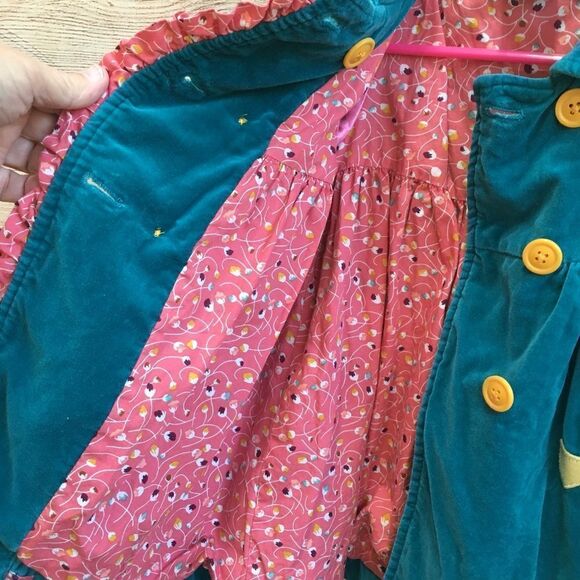 SAM AND SYDNEY UNIQUE WILDLIFE APPLIQUED RUFFLE COAT IN TEAL VELVETEEN - Picture 9 of 10